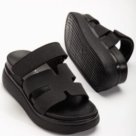 24422-HERMES Siyah Dolgu Topuk Kadın Sandalet
