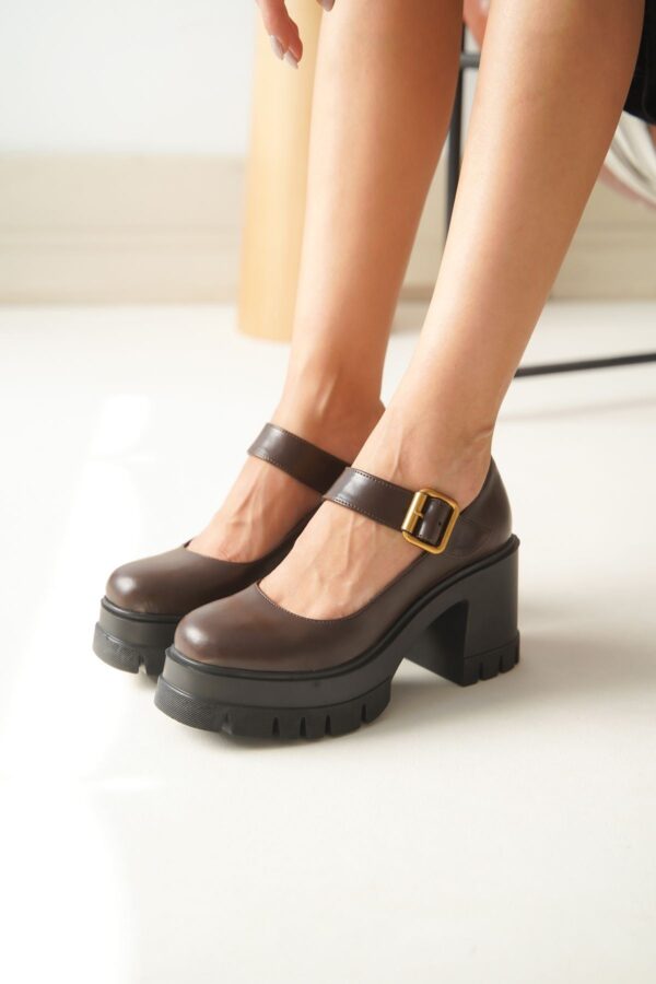NVL-1006 Kahverengi Günlük Yüksek Topuklu Platform Loafer Kadın Ayakkabı - Görsel 2