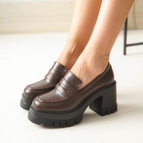 NVL-506 Kahverengi Günlük Yüksek Topuklu Platform Loafer Kadın Ayakkabı