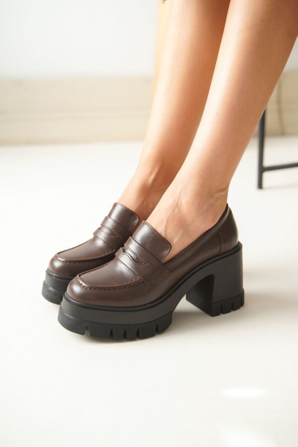 NVL-506 Kahverengi Günlük Yüksek Topuklu Platform Loafer Kadın Ayakkabı - Görsel 2