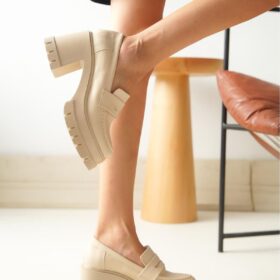 NVL-506 Bej Günlük Yüksek Topuklu Platform Loafer Kadın Ayakkabı