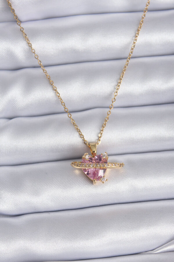 316L Çelik Özel Seri    Gold Renk Zincir Pembe Kristal Kalp Model  Zirkon Taş Detay Kadın Kolye