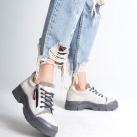 AGATHA Bağcıklı Fermuarlı Ortopedik Taban Cilt Kadın Sneaker Ayakkabı GT Krem