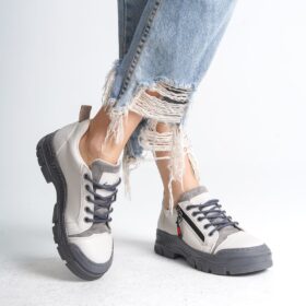 AGATHA Bağcıklı Fermuarlı Ortopedik Taban Cilt Kadın Sneaker Ayakkabı GT Krem