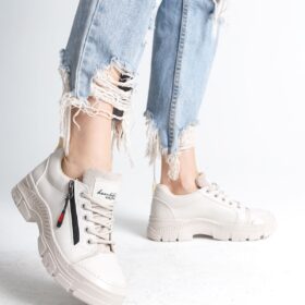 AGATHA Bağcıklı Fermuarlı Ortopedik Taban Cilt Kadın Sneaker Ayakkabı KT Krem