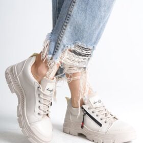 AGATHA Bağcıklı Fermuarlı Ortopedik Taban Cilt Kadın Sneaker Ayakkabı KT Krem