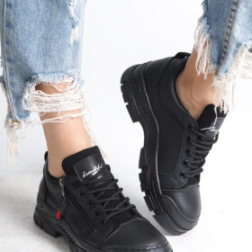AGATHA Bağcıklı Fermuarlı Ortopedik Taban Cilt Kadın Sneaker Ayakkabı ST Siyah