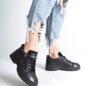 AGATHA Bağcıklı Fermuarlı Ortopedik Taban Cilt Kadın Sneaker Ayakkabı ST Siyah
