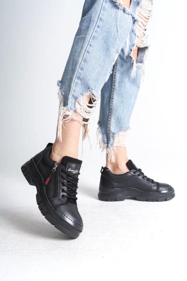 AGATHA Bağcıklı Fermuarlı Ortopedik Taban Cilt Kadın Sneaker Ayakkabı ST Siyah - Görsel 2