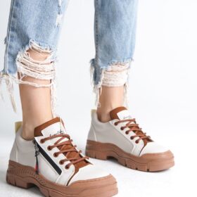 AGATHA Bağcıklı Fermuarlı Ortopedik Taban Cilt Kadın Sneaker Ayakkabı TT Krem
