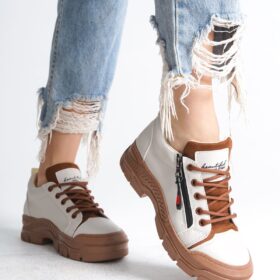 AGATHA Bağcıklı Fermuarlı Ortopedik Taban Cilt Kadın Sneaker Ayakkabı TT Krem