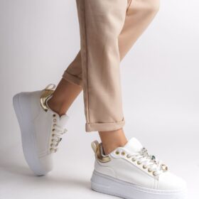 BRIANNA Bağcıklı Ortopedik Taban Renkli Taş Dekorlu Kadın Sneaker Ayakkabı BT Beyaz/Altın