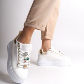 BRIANNA Bağcıklı Ortopedik Taban Renkli Taş Dekorlu Kadın Sneaker Ayakkabı BT Beyaz/Altın