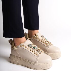BRIANNA Bağcıklı Ortopedik Taban Renkli Taş Dekorlu Kadın Sneaker Ayakkabı KT Krem/Altın