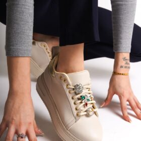 BRIANNA Bağcıklı Ortopedik Taban Renkli Taş Dekorlu Kadın Sneaker Ayakkabı KT Krem/Altın