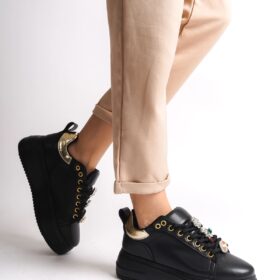 BRIANNA Bağcıklı Ortopedik Taban Renkli Taş Dekorlu Kadın Sneaker Ayakkabı ST Siyah/Altın
