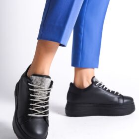 DELLA Bağcıklı Ortopedik Taban Taşlı Kadın Sneaker Ayakkabı ST Siyah