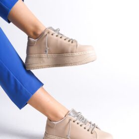 DELLA Bağcıklı Ortopedik Taban Taşlı Kadın Sneaker Ayakkabı TT Ten