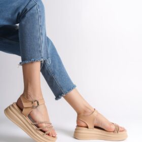 EVA Kalın Tokalı Taşlı Şeritli Ortopedik Taban Kadın Sandalet TT Ten