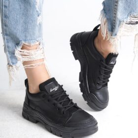 JANE Bağcıklı Ortopedik Taban Cilt Kadın Sneaker Ayakkabı ST Siyah