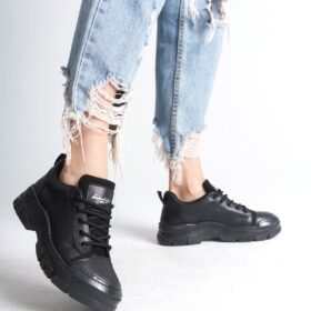 JANE Bağcıklı Ortopedik Taban Cilt Kadın Sneaker Ayakkabı ST Siyah