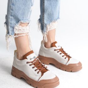 JANE Bağcıklı Ortopedik Taban Cilt Kadın Sneaker Ayakkabı TT Krem