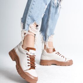 JANE Bağcıklı Ortopedik Taban Cilt Kadın Sneaker Ayakkabı TT Krem