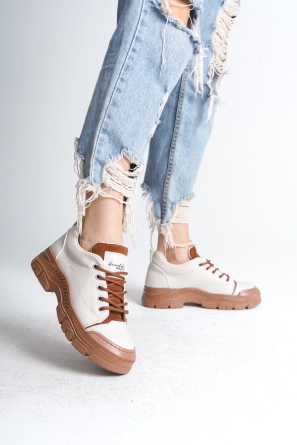 JANE Bağcıklı Ortopedik Taban Cilt Kadın Sneaker Ayakkabı TT Krem - Görsel 2