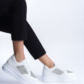 MIPA Bağcıklı Ortopedik Taban Simli Kadın Sneaker Ayakkabı BT Beyaz