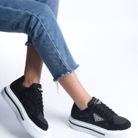 PRAG Bağcıklı Ortopedik Taban Desenli Kadın Sneaker Ayakkabı BT Siyah