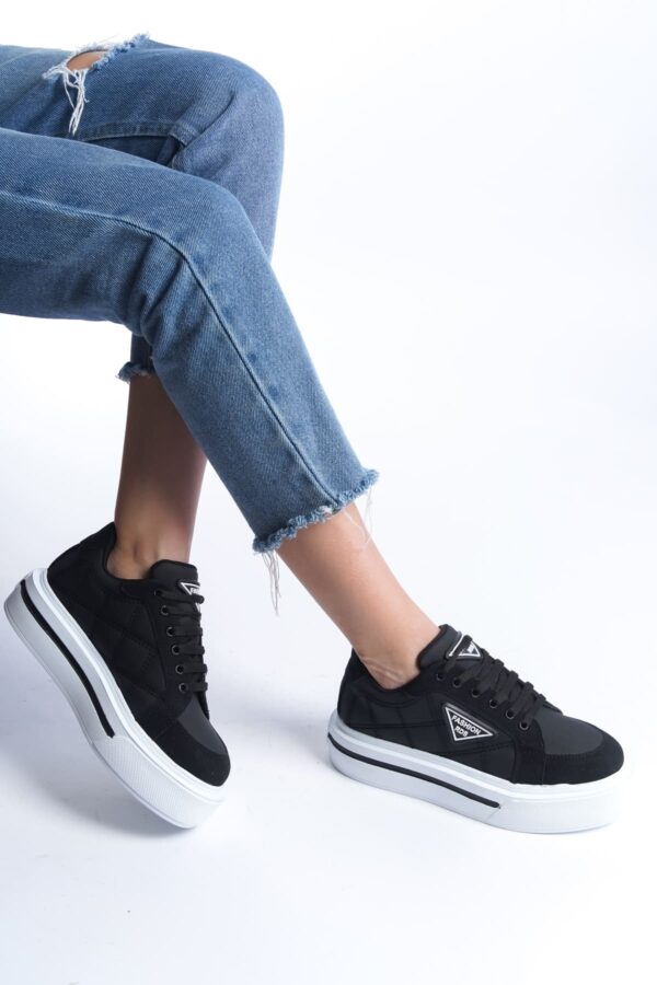 PRAG Bağcıklı Ortopedik Taban Desenli Kadın Sneaker Ayakkabı BT Siyah - Görsel 2