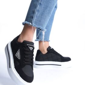 PRAG Bağcıklı Ortopedik Taban Desenli Kadın Sneaker Ayakkabı BT Siyah