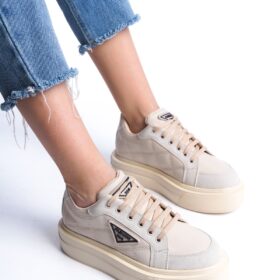 PRAG Bağcıklı Ortopedik Taban Desenli Kadın Sneaker Ayakkabı KT Krem