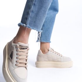 PRAG Bağcıklı Ortopedik Taban Desenli Kadın Sneaker Ayakkabı KT Krem