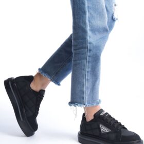 PRAG Bağcıklı Ortopedik Taban Desenli Kadın Sneaker Ayakkabı ST Siyah