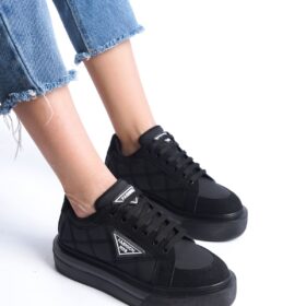 PRAG Bağcıklı Ortopedik Taban Desenli Kadın Sneaker Ayakkabı ST Siyah